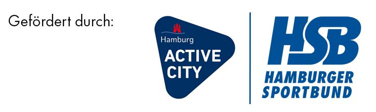 Logo von „Hamburg Active City“ und „Hamburger Sportbund“ auf weißem Hintergrund, daneben der Text „Gefördert durch.“