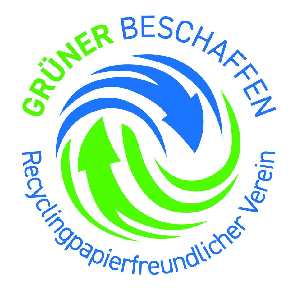 Logo des Vereins „Grüner Beschaffen“ mit Recyclingpfeilen in Blau und Grün, umgeben von Text über Recyclingpapier.