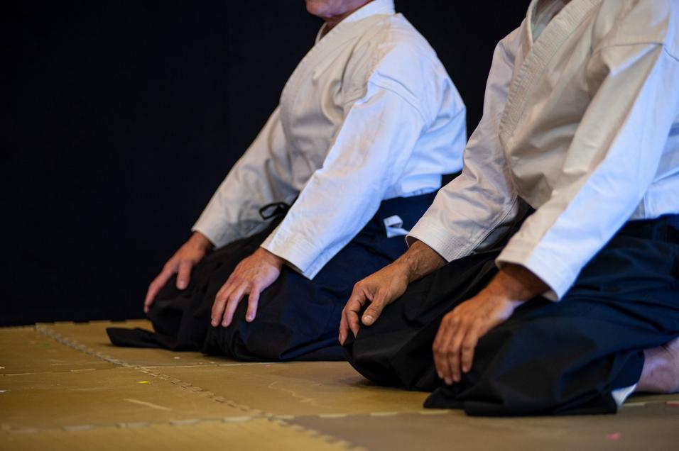 Zwei Personen in traditionellen Kimonos sitzen im Seiza, Hände entspannt auf den Oberschenkeln, auf einer Trainingsmatte.