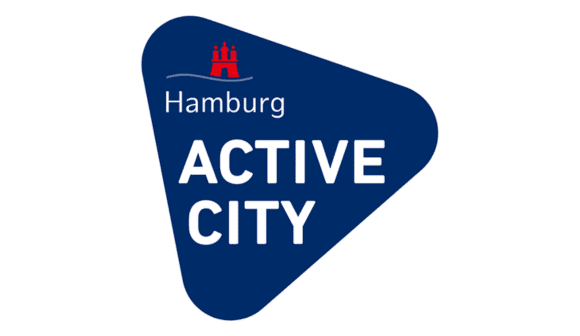 Logo der Initiative „Active City“ aus Hamburg in blau mit rotem Wappen und weißen Schriftzug.