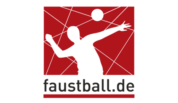 Logo von faustball.de mit stilisierter Figur, die einen Faustball wirft, auf rotem Hintergrund mit Netzlinien.