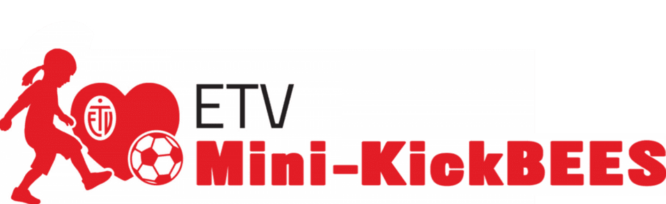 Logo der Mini-KickBEES des ETV mit Silhouette eines Mädchens, Fußball und rotem Schriftzug.