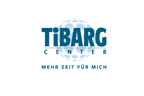Logo des Tibarg Centers mit dem Slogan „Mehr Zeit für mich“ in blauer Schrift auf weißem Hintergrund.