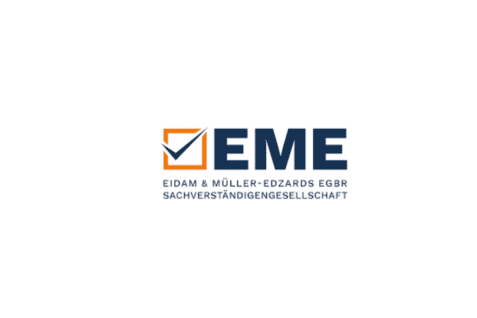 Logo der Sachverständigengesellschaft Eidam & Müller-Edzards mit dem Kürzel EME und einem Häkchen in Orange.