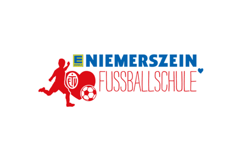 Logo der Fußballschule „Niemerszein“ mit spielendem Kind, Ball und Herzen in roter und blauer Schrift.