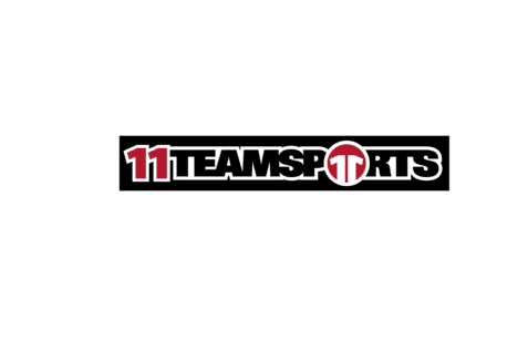Logo von 11TEAMSPORTS mit rotem Schriftzug auf schwarzem Hintergrund.