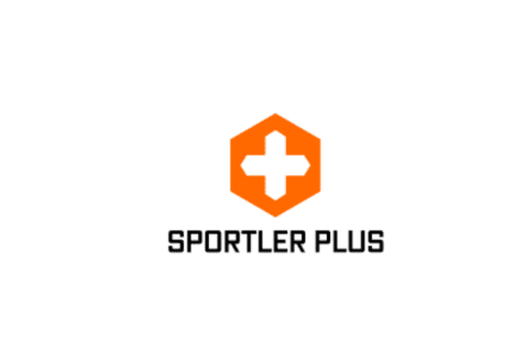 Logo von Sportler Plus, orangefarbener Sechseck mit Kreuz und schwarzer Schrift.