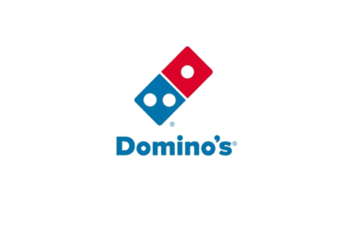Logo von Domino's mit rotem und blauem Dominostein auf weißem Hintergrund.