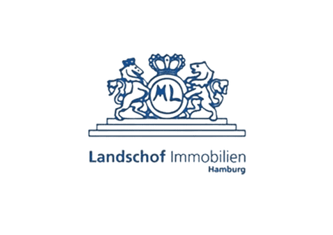 Logo von Landschof Immobilien in Hamburg, mit zwei Löwen, einer Krone und den Initialen „ML“ in der Mitte.