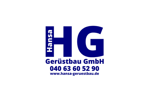 Logo der Hansa Gerüstbau GmbH mit Kontaktdaten und Website in blauer Schrift auf weißem Hintergrund.