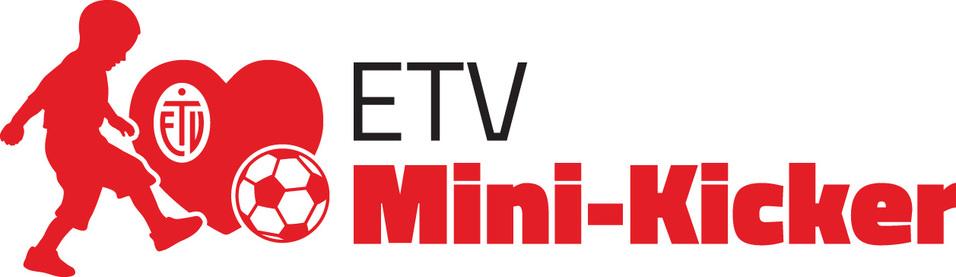 Logo der ETV Mini-Kicker mit einem spielenden Kind und einem Fußball symbolisiert Kinderfußball.