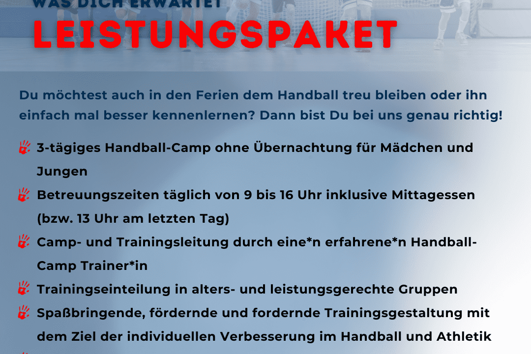 Flyer für ein Handball-Camp mit Informationen zu Teilnahme, Leistungen und Preisen. Handballspieler im Hintergrund.