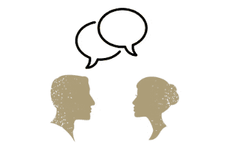 Zwei stilisierte Köpfe im Profil, über ihnen Sprechblasen, die einen Dialog symbolisieren.