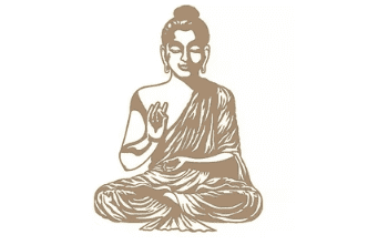 Linienzeichnung eines sitzenden Buddha mit erhobener Hand, in meditativer Pose, auf hellem Hintergrund.