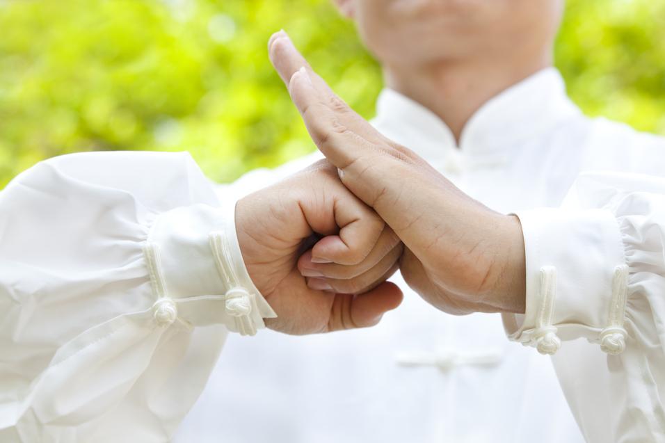Hände eines praktizierenden Künstlers in traditionellen weißen Kleidungsstücken formen eine symbolische Geste im Freien.