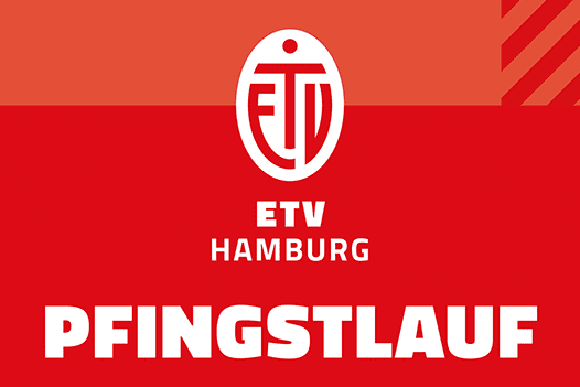 Logo des ETV Hamburg mit der Aufschrift „Pfingstlauf“ in großer Schrift auf rotem Hintergrund.
