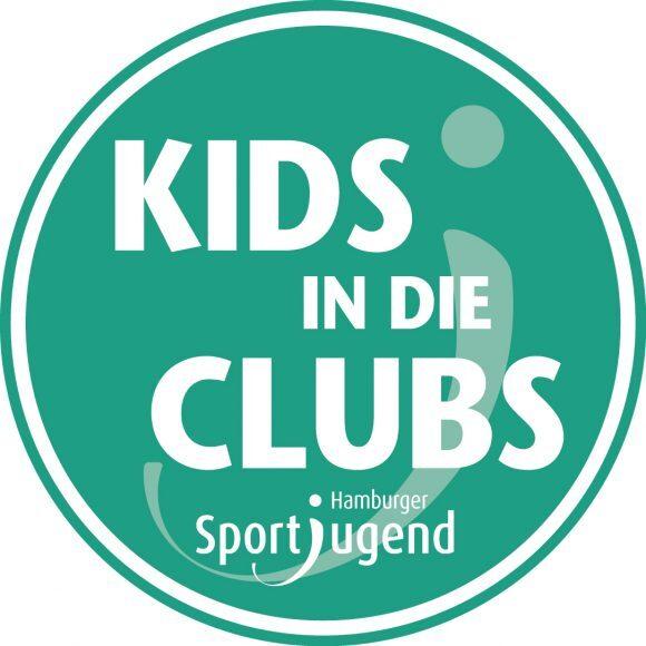 Rundes Logo mit dem Schriftzug „KIDS IN DIE CLUBS“ und „Hamburger Sportjugend“ in weiß auf grünem Hintergrund.