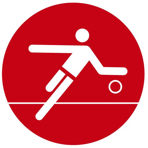Symbol eines spielenden Tischtennisspielers in einer roten Runde, der einen Ball schlägt.