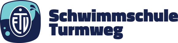 Logo der Schwimmschule Turmweg mit stilisierten Wellen und einem Symbol in Blau und Weiß.