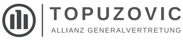 Logo der Allianz Generalvertretung Topuzovic mit grafischen Elementen und Schriftzug in Grau.