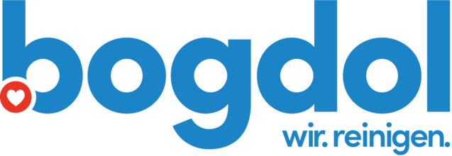 Logo von bogdol mit einem roten Herz auf dem Buchstaben "o" und dem Zusatz "wr. reinigen." in blauer Schrift.