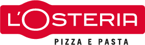 Logo der L'Osteria, Schriftzug mit rotem Hintergrund und Text "PIZZA E PASTA" in schwarzer Schrift.