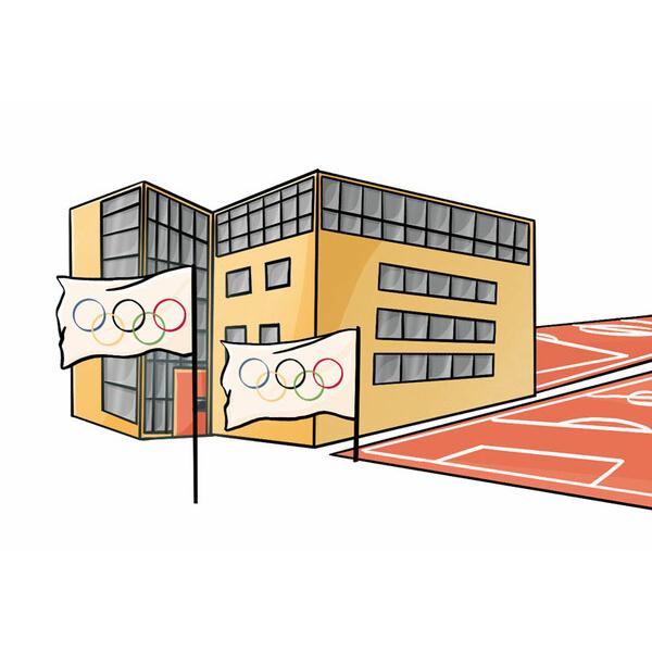 Illustration eines modernen Gebäudes mit olympischen Flaggen und einem Sportplatz im Vordergrund.
