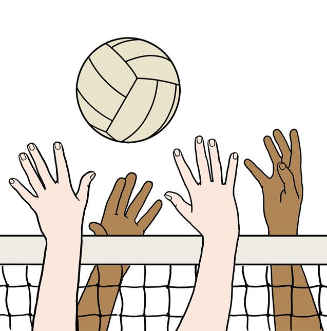 Hände verschiedener Hauttöne heben sich über ein Netz, um einen Volleyball zu erreichen, der darüber schwebt.
