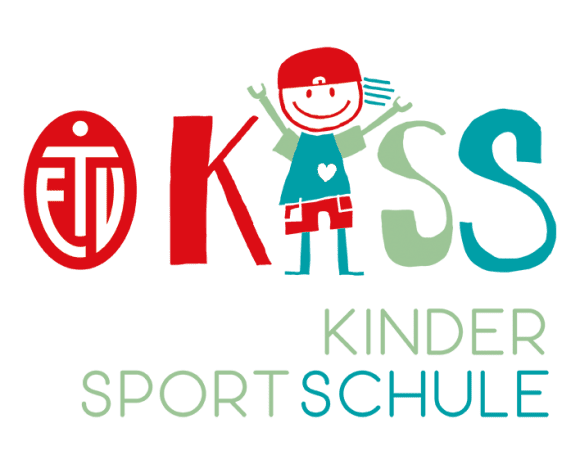 Logo der Kinder-Sportschule mit bunten Lettern und cartoonhaftem Jungen, der fröhlich mit ausgestreckten Armen steht.