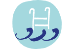 Symbol eines stilisierten Wellenmusters in Blau und Weiß auf einem hellblauen Hintergrund.