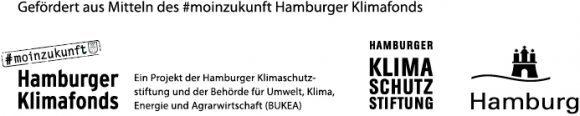 Logo und Text des Hamburger Klimafonds, Informationen zu Projektförderung durch Hamburger Klimaschutzstiftung.