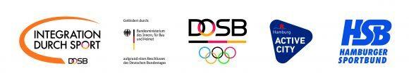 Logos von verschiedenen Organisationen, darunter Integration durch Sport, DOSB und Hamburger Sportbund.