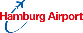 Logo von Hamburg Airport mit rotem Text und blauer Flugzeuggrafik, die einen geschwungenen Pfeil bildet.
