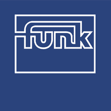 Logo der Firma funk in Weiß auf einem blauen Hintergrund, bestehend aus geometrischen Formen und Schriftzug.