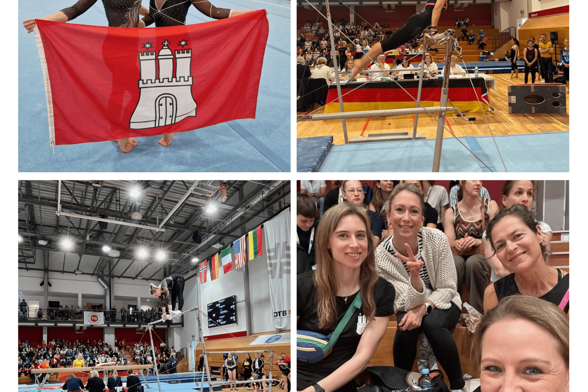 Gymnastinnen halten eine Flagge von Hamburg; eine Athletin turnt auf dem Schwebebalken; Zuschauer im Gymnastik-Saal.