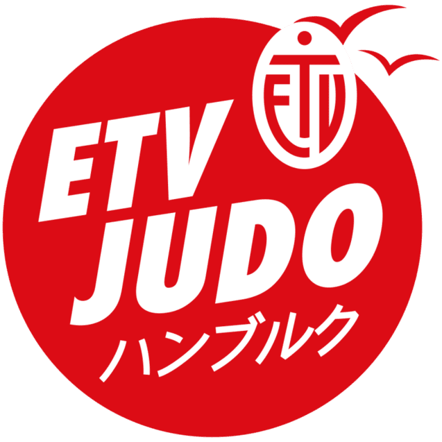 Rotes Emblem mit dem Schriftzug "ETV JUDO" und japanischen Zeichen darunter, umgeben von einem schwarzen Rand.